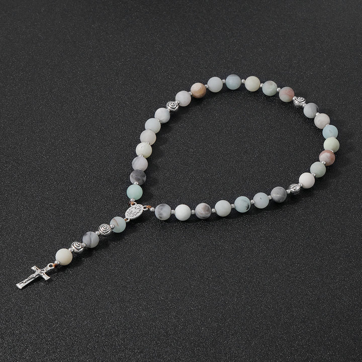 Christianartworkshop Wundertätige Medaille und Kruzifix aus 8 mm rundem, mehrfarbigem Stein, Nylonschnur, Rosenkranz - Frosted Amazon Stone - image 7
