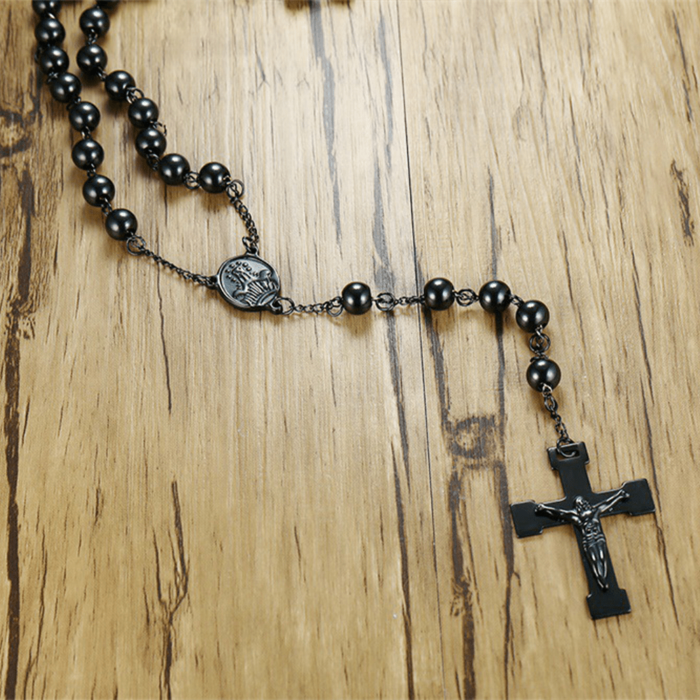 Christianartworkshop Rosenkranz „Unsere Liebe Frau der Gnade“ und Kruzifix aus 8 mm runder schwarzer Stahlkugel-Legierungskette - image 4