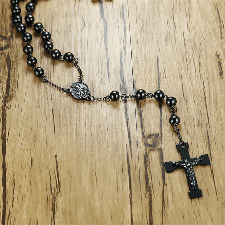 Christianartworkshop Rosenkranz „Unsere Liebe Frau der Gnade“ und Kruzifix aus 8 mm runder schwarzer Stahlkugel-Legierungskette - image 4