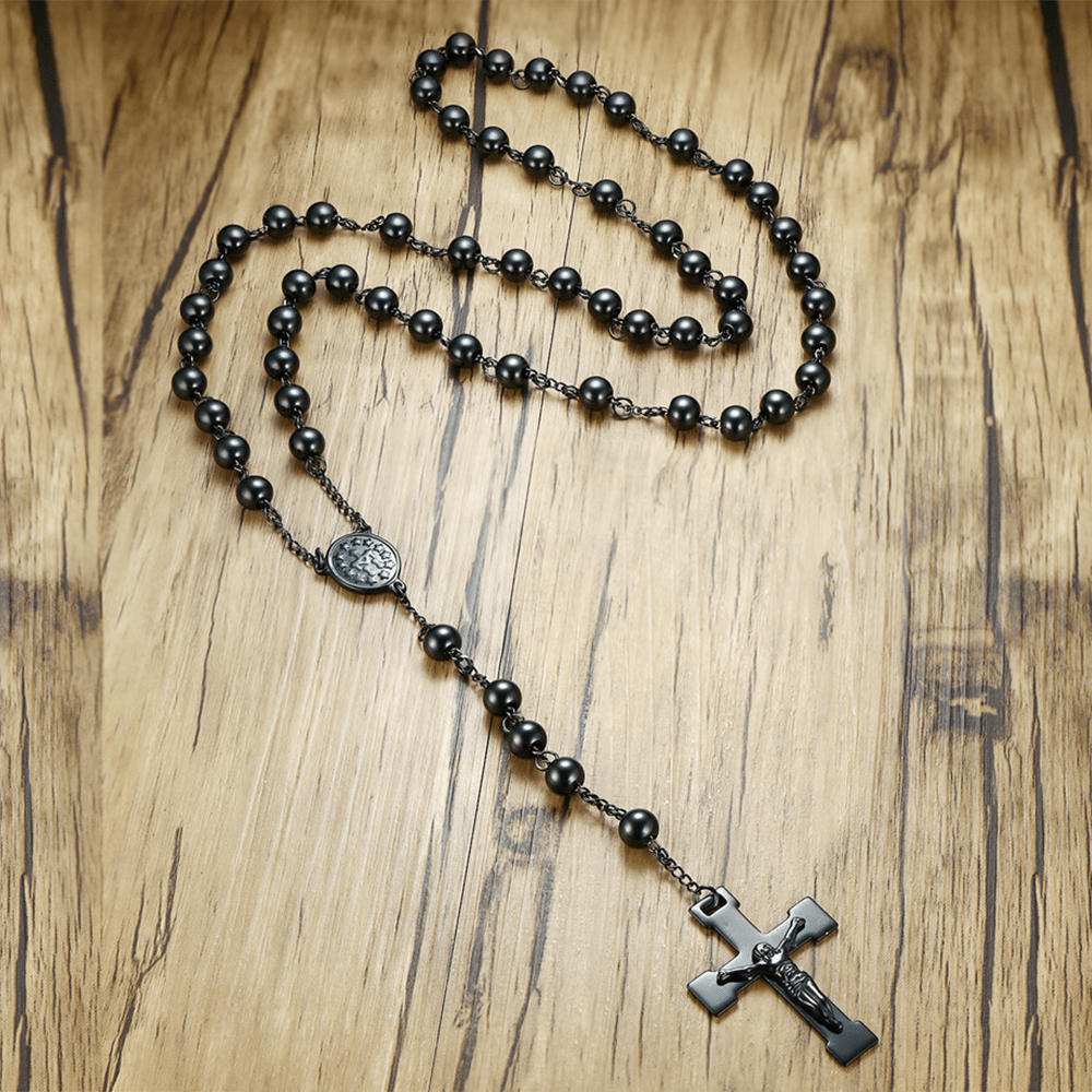 Christianartworkshop Rosenkranz „Unsere Liebe Frau der Gnade“ und Kruzifix aus 8 mm runder schwarzer Stahlkugel-Legierungskette - Schwarz - image 1