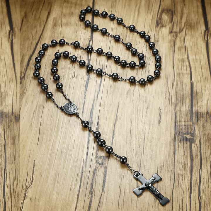 Christianartworkshop Rosenkranz „Unsere Liebe Frau der Gnade“ und Kruzifix aus 8 mm runder schwarzer Stahlkugel-Legierungskette - Schwarz - image 1