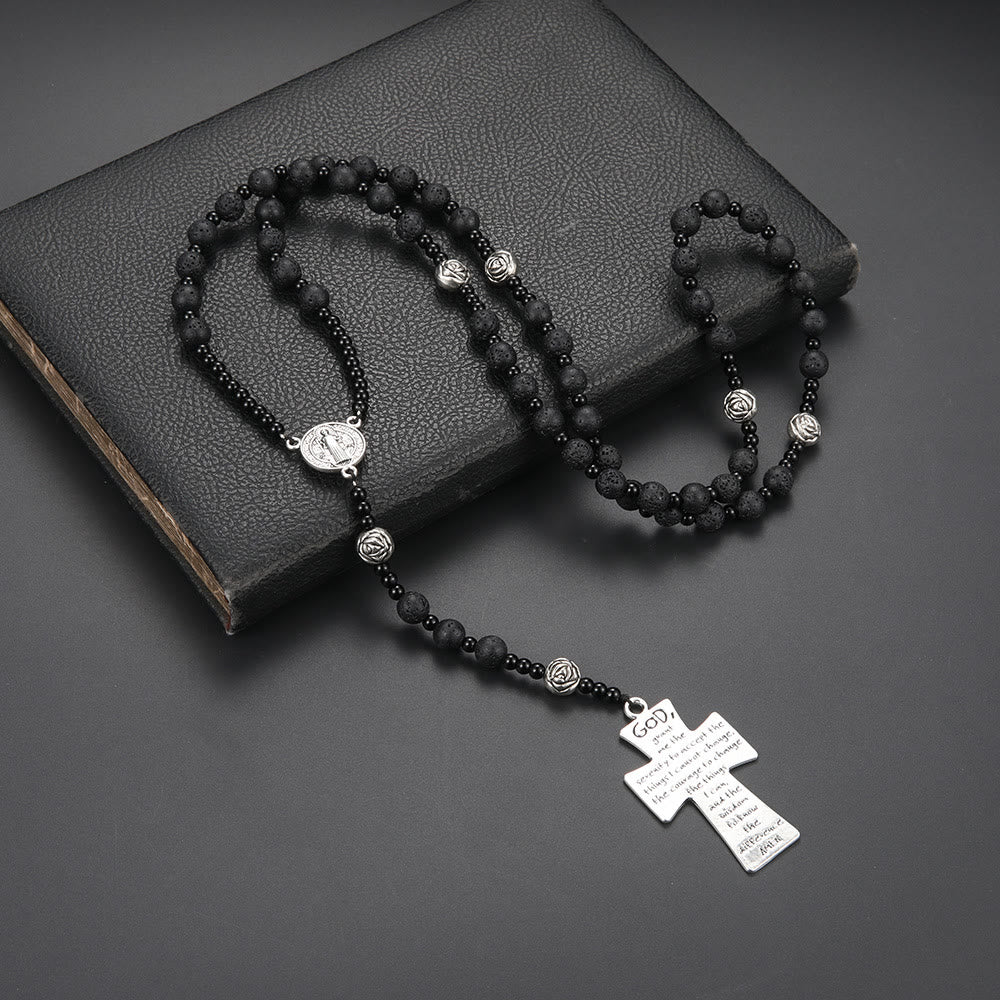 Christianartworkshop St. Benedikt-Medaille und Kreuz aus 8 mm rundem schwarzem Vulkangestein, Nylonschnur, Rosenkranz - Schwarz - image 1