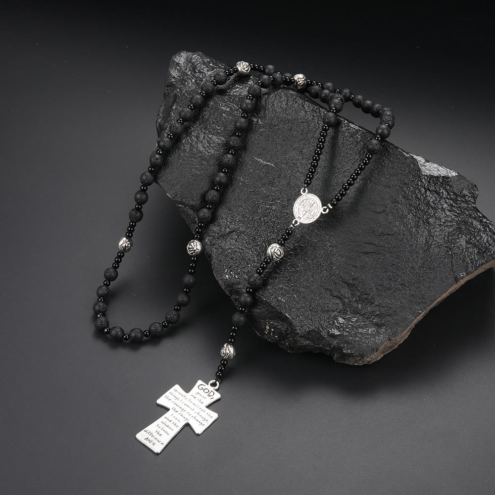 Christianartworkshop St. Benedikt-Medaille und Kreuz aus 8 mm rundem schwarzem Vulkangestein, Nylonschnur, Rosenkranz - image 2