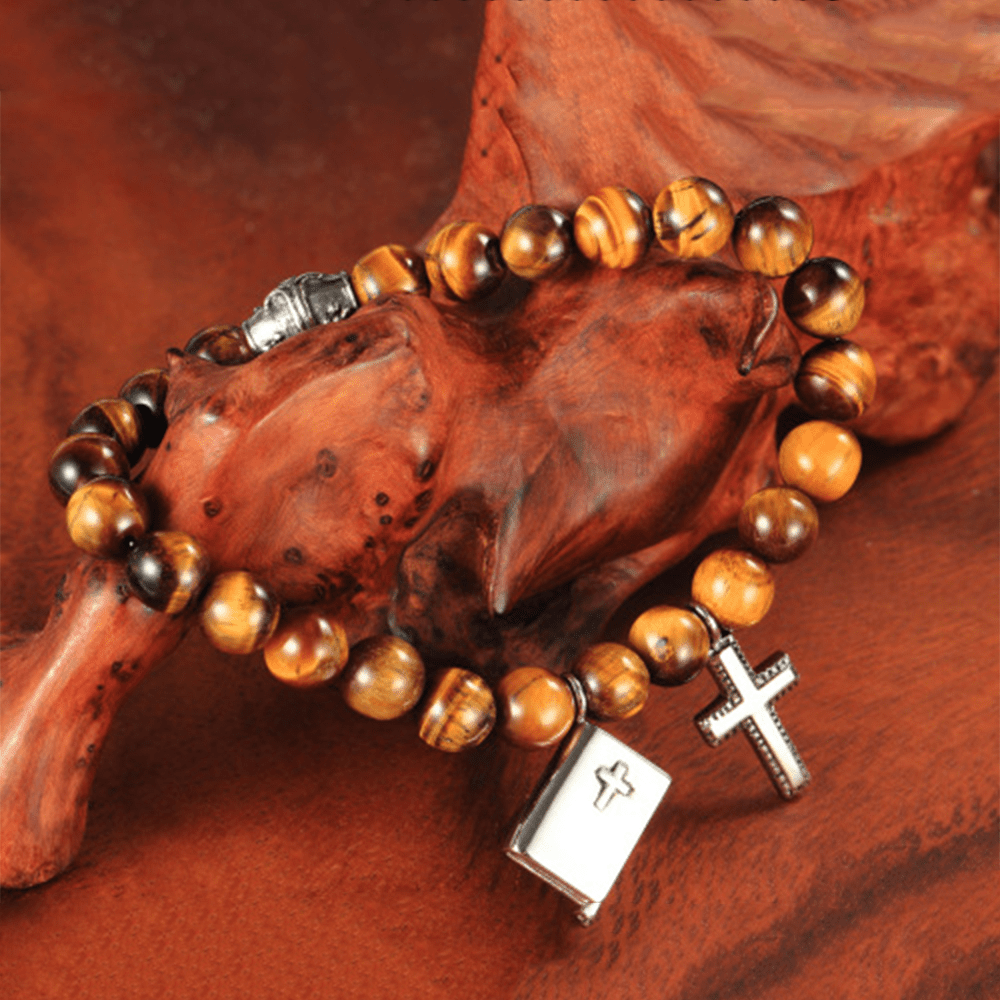 Christianartworkshop Bibelkreuz Tigeraugen Stein Titan Armband - Braun - image 1