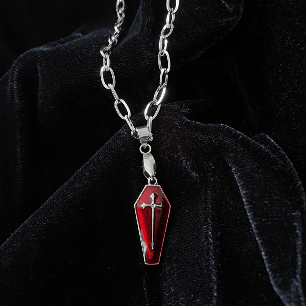 Christianartworkshop Halskette mit Kreuz im Gothic-Stil, rote Emaille, Halloween, Vampirsarg - image 4
