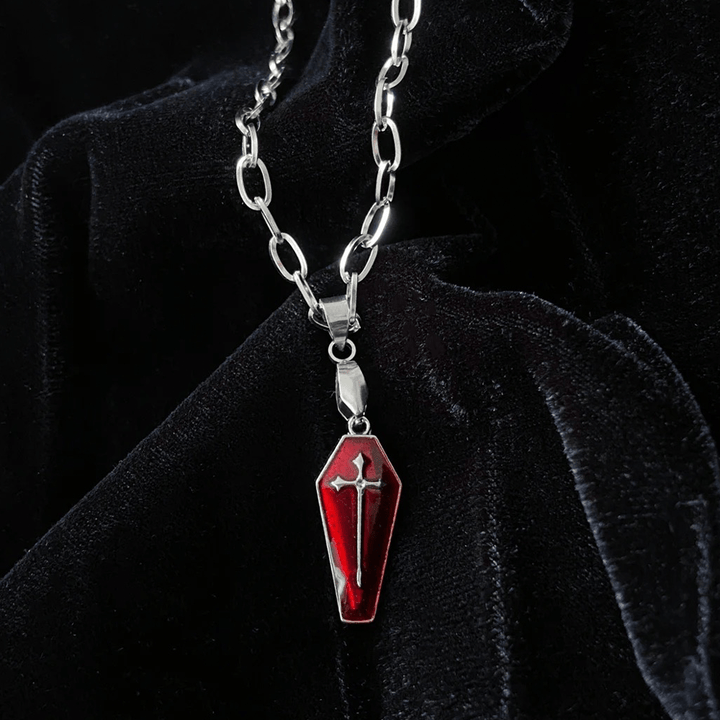 Christianartworkshop Halskette mit Kreuz im Gothic-Stil, rote Emaille, Halloween, Vampirsarg - image 4
