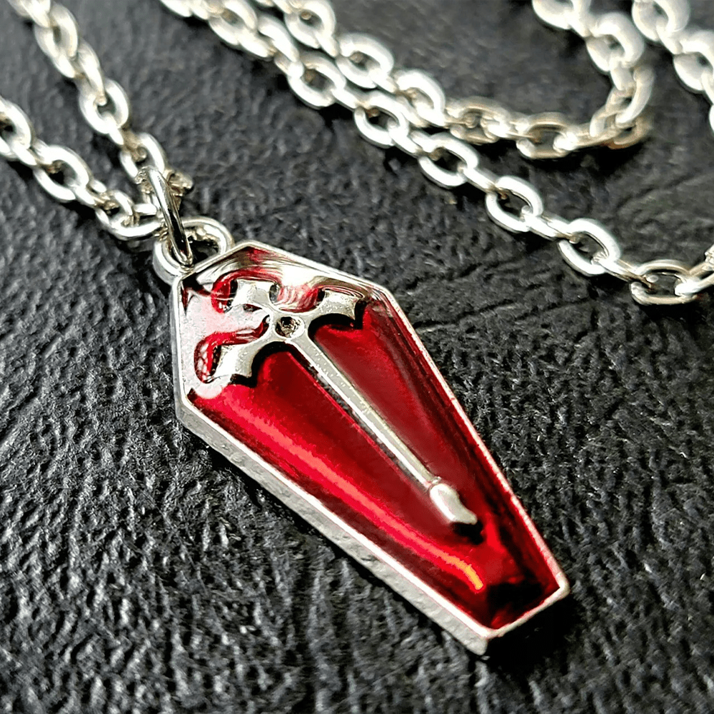 Christianartworkshop Halskette mit Kreuz im Gothic-Stil, rote Emaille, Halloween, Vampirsarg - image 2