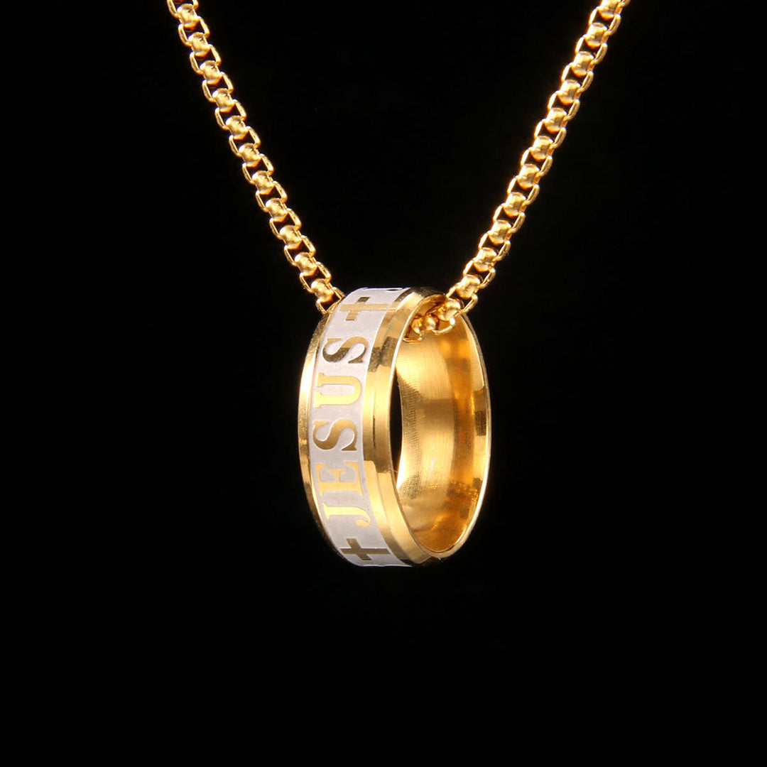 Christianartworkshop Kombinationsstil Lasergravur "JESUS" Ring & Kette Halskette - Golden - image 1