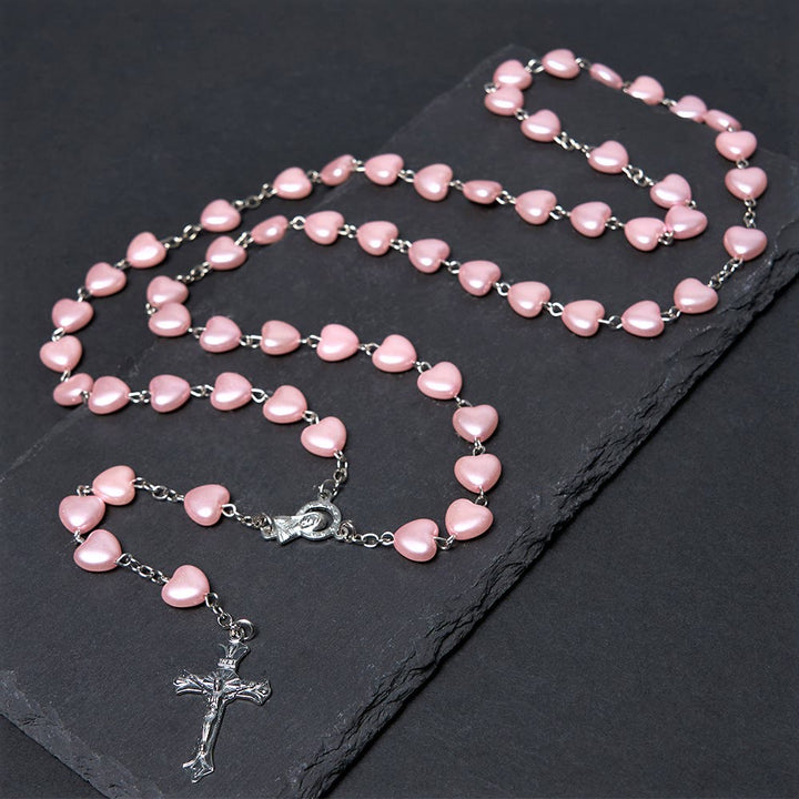 Christianartworkshop Rosenkranz „Unsere Liebe Frau von Fátima“ mit Kruzifix, 10 mm Herz, rosa Kette aus Acryllegierung - Rosa - image 1