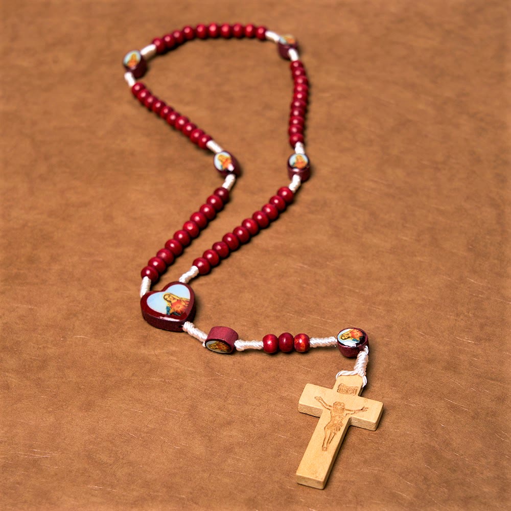 Christian Art Weinrote Holzperlen Kreuz Jungfrau Maria Hand Rosenkranz - image 3