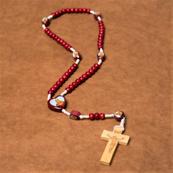 Christian Art Weinrote Holzperlen Kreuz Jungfrau Maria Hand Rosenkranz - image 3