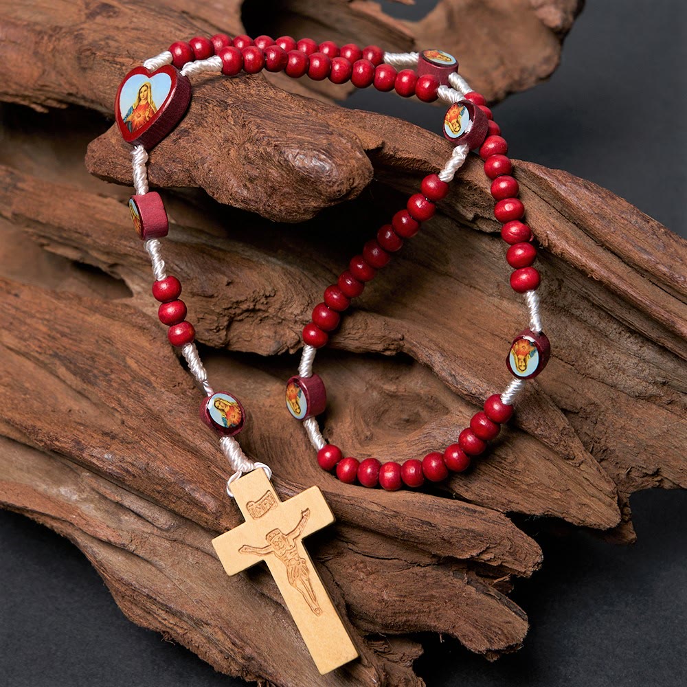 Christian Art Weinrote Holzperlen Kreuz Jungfrau Maria Hand Rosenkranz - Jungfrau Maria - image 1