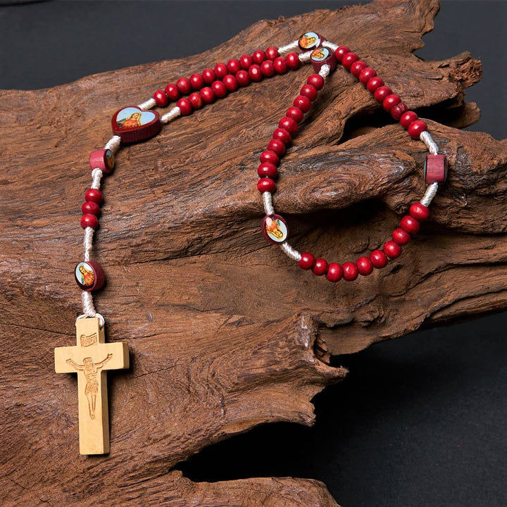 Christian Art Weinrote Holzperlen Kreuz Jungfrau Maria Hand Rosenkranz - image 8
