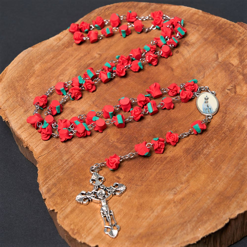 Christian Art Rosenblütenförmige Perlen Jungfrau Maria Gebetsrosenkranz - Rot - image 1