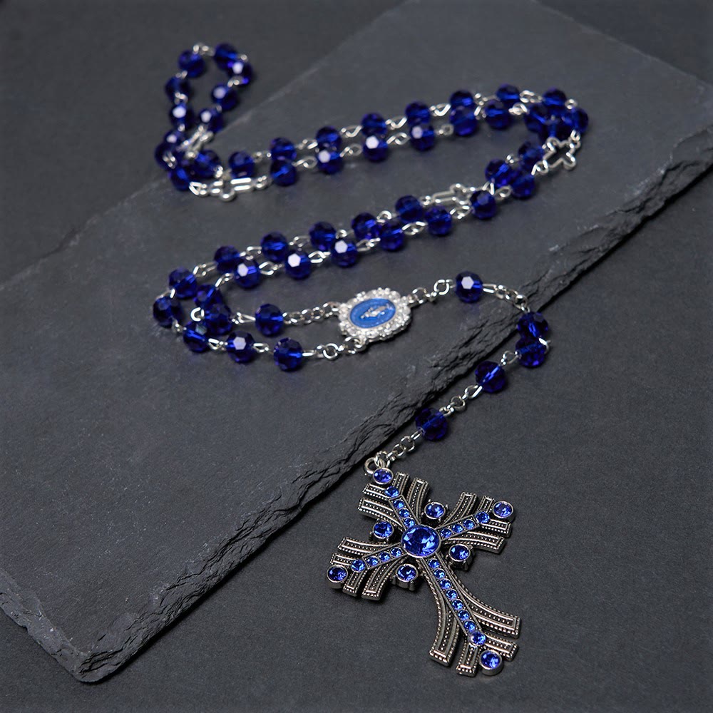Christianartworkshop Wundertätige Medaille und Kreuz aus 8 mm Polyeder, blauer Kristall, Legierung, Rosenkranzkette - Blau - image 1