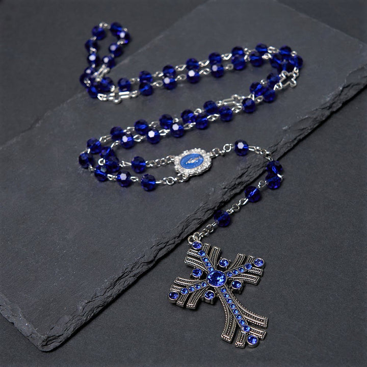 Christianartworkshop Wundertätige Medaille und Kreuz aus 8 mm Polyeder, blauer Kristall, Legierung, Rosenkranzkette - Blau - image 1