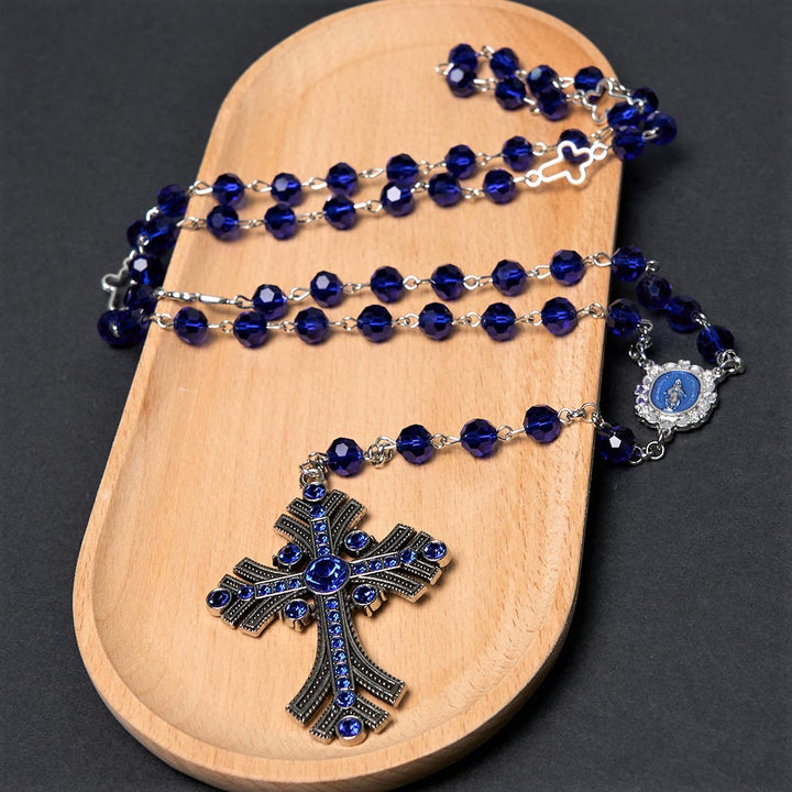 Christianartworkshop Wundertätige Medaille und Kreuz aus 8 mm Polyeder, blauer Kristall, Legierung, Rosenkranzkette - image 3