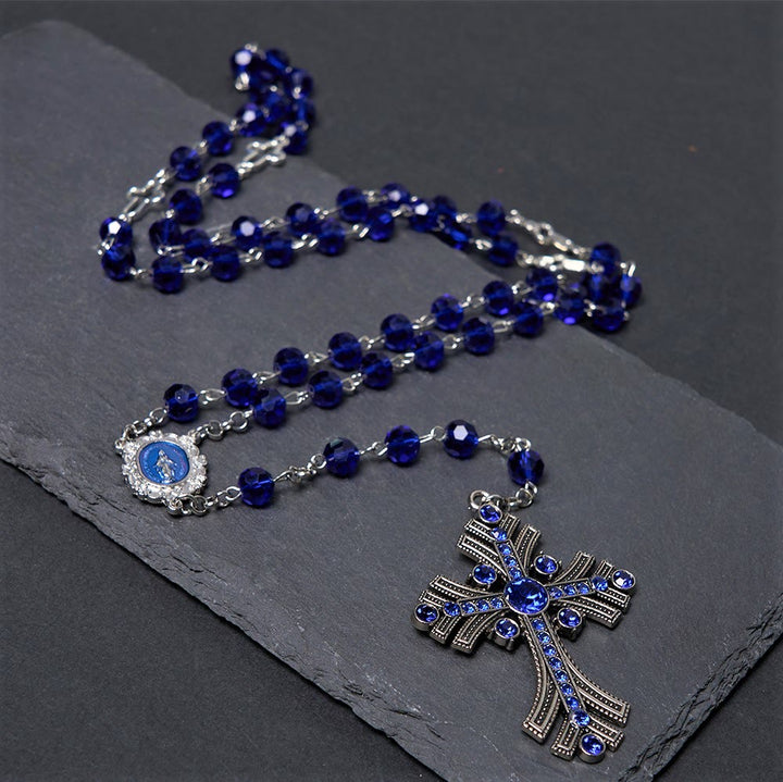Christianartworkshop Wundertätige Medaille und Kreuz aus 8 mm Polyeder, blauer Kristall, Legierung, Rosenkranzkette - image 2