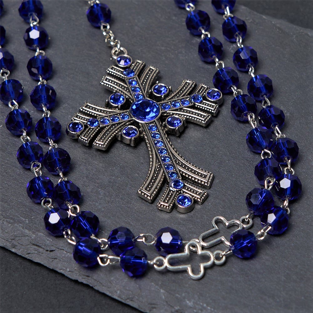 Christianartworkshop Wundertätige Medaille und Kreuz aus 8 mm Polyeder, blauer Kristall, Legierung, Rosenkranzkette - image 5