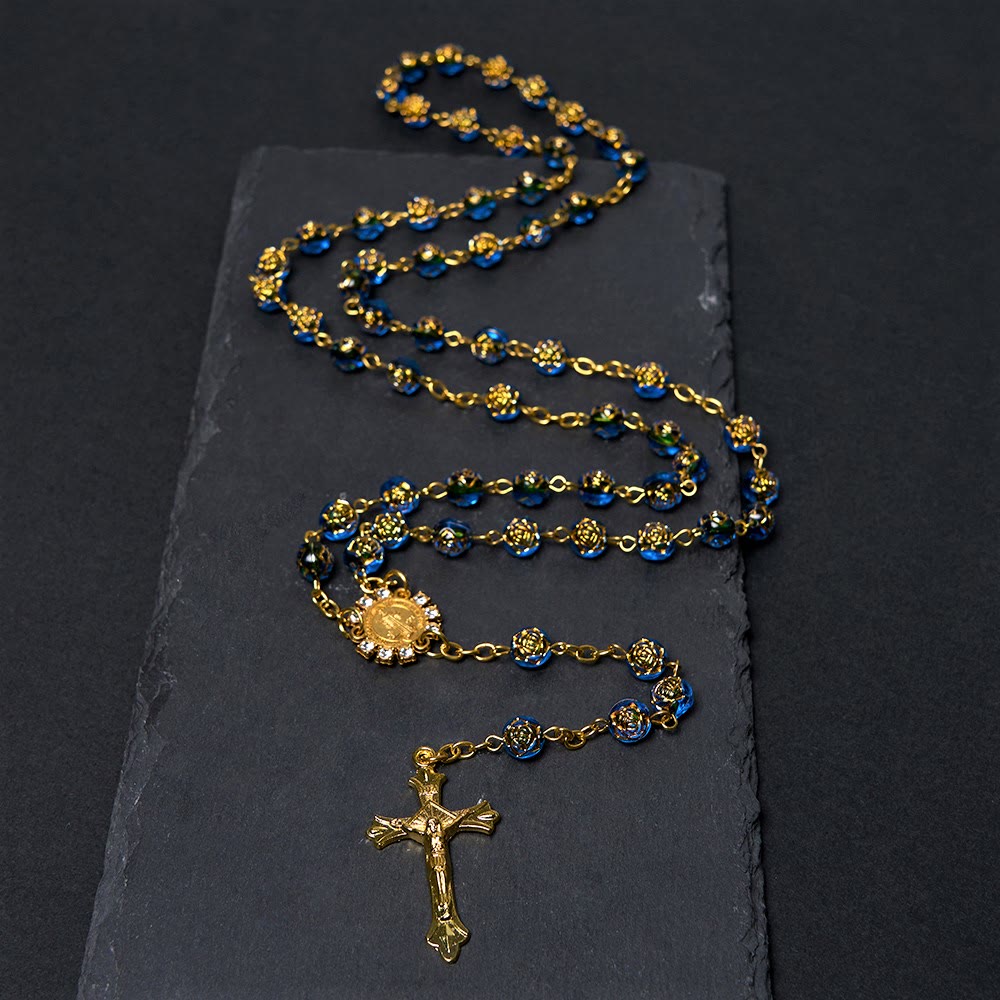 Christianartworkshop St. Benedikt-Medaille und Kruzifix, 8 mm rund, mehrfarbig, Rosenkranzkette aus Acryllegierung - Blau - image 1