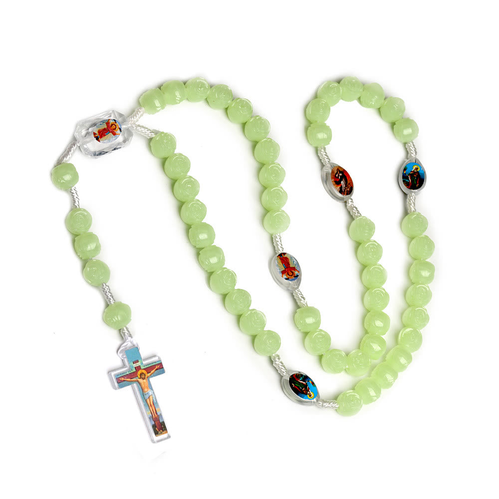 Christianartworkshop Rosenkranz mit Kruzifix aus 10 mm Rose, leuchtend grünes Harz, Nylonschnur - Leuchten in der Nacht - image 1