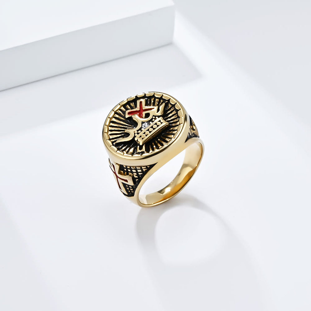 Christianartworkshop Titanring im Retro-Stil mit Kreuz und Krone - Golden - US 13 - image 1