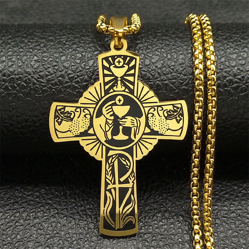 Christianartworkshop Halskette mit Kreuz im Stil der Eucharistie mit mehreren Elementen, Heiligenschein, Weinrebe - Golden - image 1
