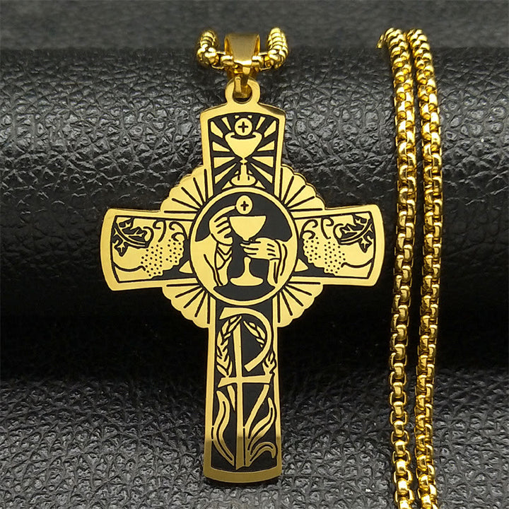 Christianartworkshop Halskette mit Kreuz im Stil der Eucharistie mit mehreren Elementen, Heiligenschein, Weinrebe - Golden - image 1