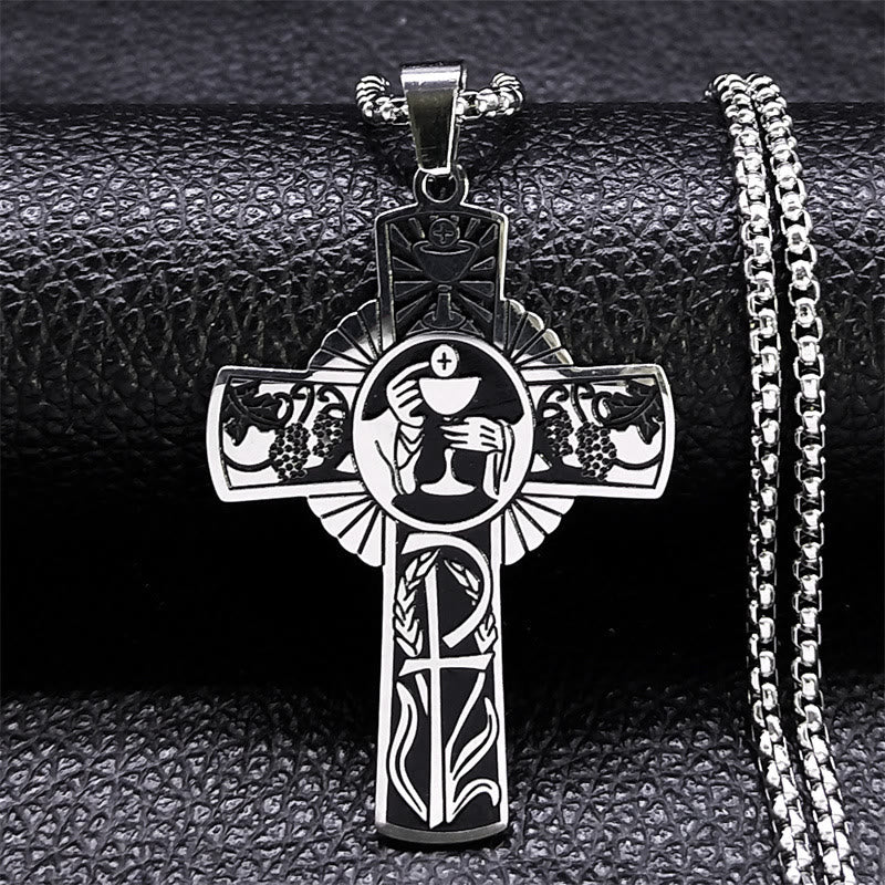 Christianartworkshop Halskette mit Kreuz im Stil der Eucharistie mit mehreren Elementen, Heiligenschein, Weinrebe - Silber - image 3