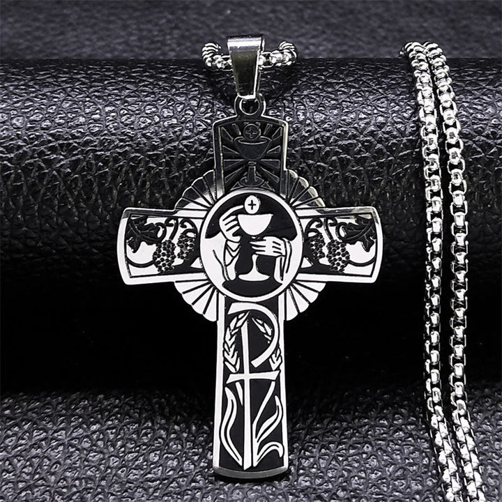 Christianartworkshop Halskette mit Kreuz im Stil der Eucharistie mit mehreren Elementen, Heiligenschein, Weinrebe - Silber - image 3