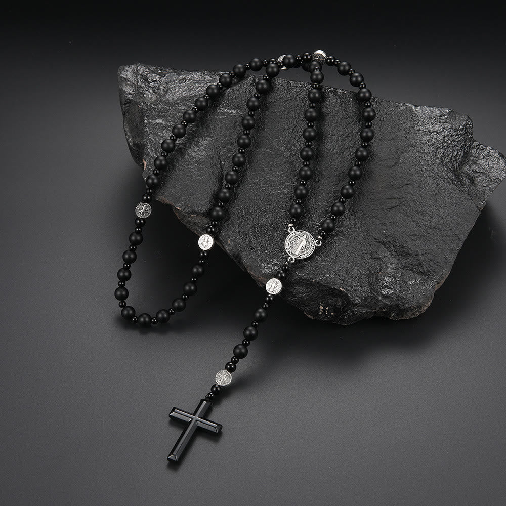 Christianartworkshop St. Benedikt-Medaille und Kreuz aus 8 mm rundem schwarzem Rosenkranz aus Nylonschnur mit mehreren Materialien - Schwarzer Achat - image 5