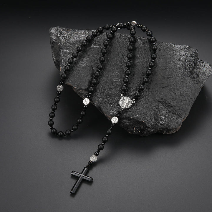 Christianartworkshop St. Benedikt-Medaille und Kreuz aus 8 mm rundem schwarzem Rosenkranz aus Nylonschnur mit mehreren Materialien - Schwarzer Achat - image 6