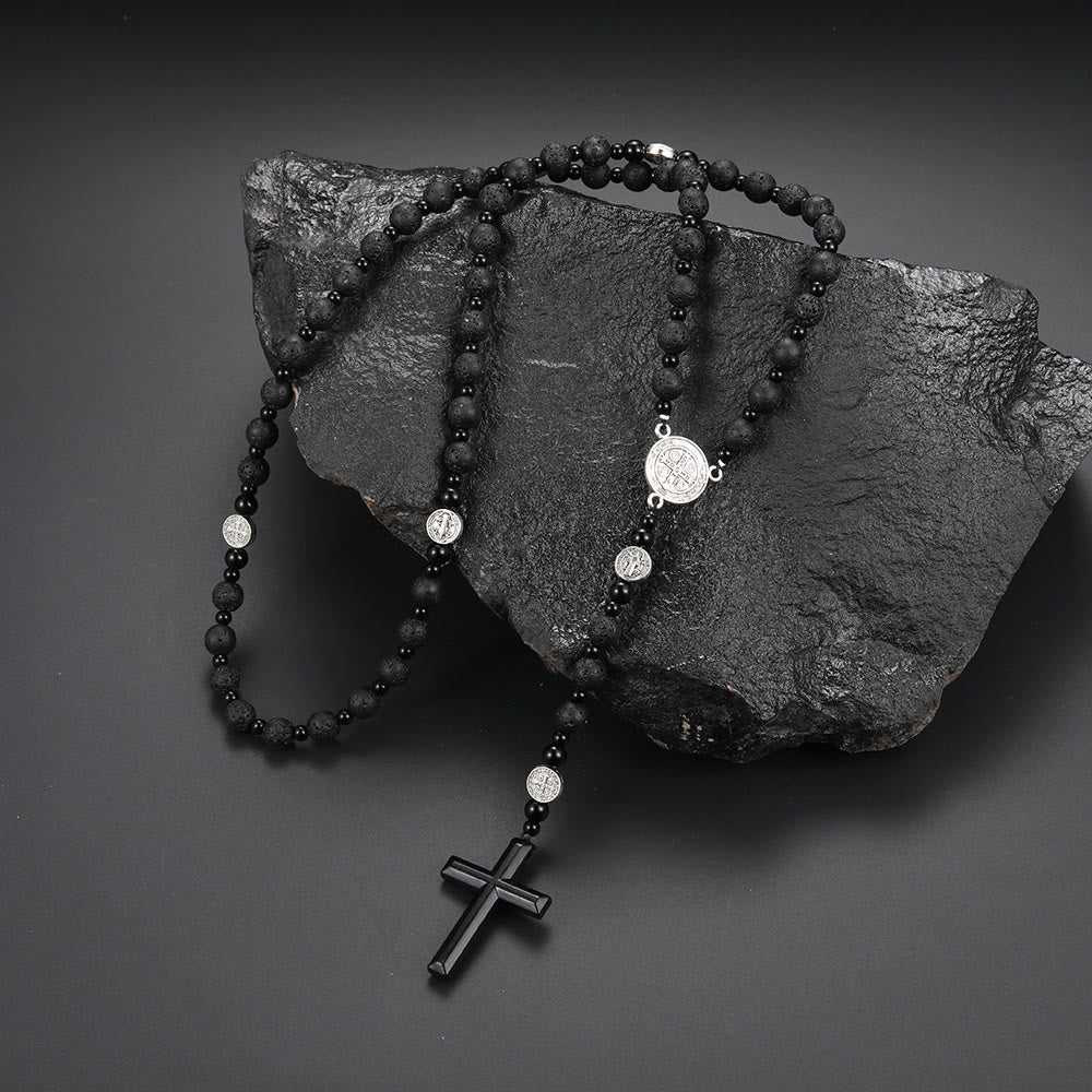 Christianartworkshop St. Benedikt-Medaille und Kreuz aus 8 mm rundem schwarzem Rosenkranz aus Nylonschnur mit mehreren Materialien - Vulkanstein - image 3