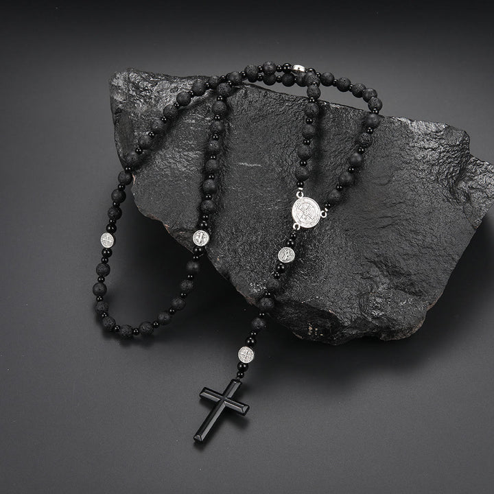 Christianartworkshop St. Benedikt-Medaille und Kreuz aus 8 mm rundem schwarzem Rosenkranz aus Nylonschnur mit mehreren Materialien - Vulkanstein - image 3