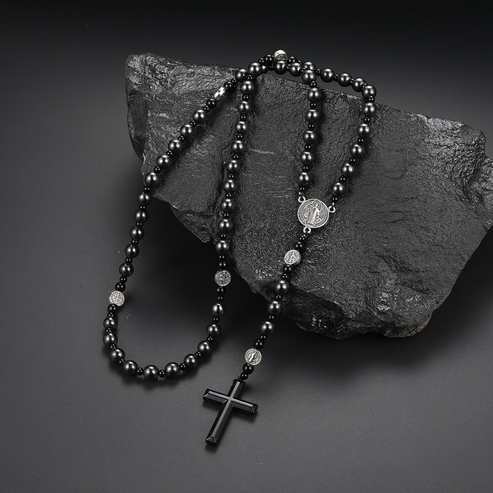 Christianartworkshop St. Benedikt-Medaille und Kreuz aus 8 mm rundem schwarzem Rosenkranz aus Nylonschnur mit mehreren Materialien - image 1