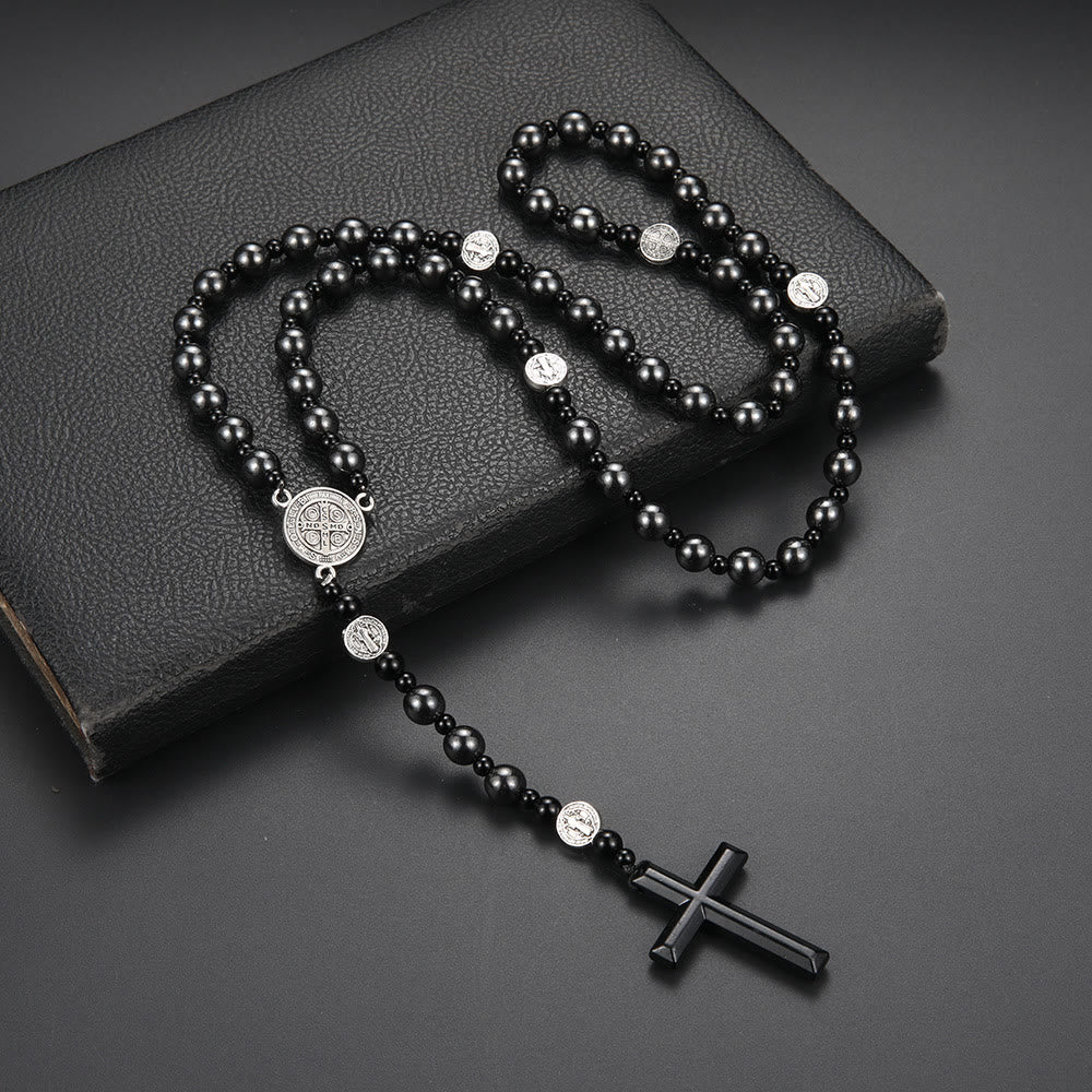 Christianartworkshop St. Benedikt-Medaille und Kreuz aus 8 mm rundem schwarzem Rosenkranz aus Nylonschnur mit mehreren Materialien - Gallenstein-Kreuz - image 1