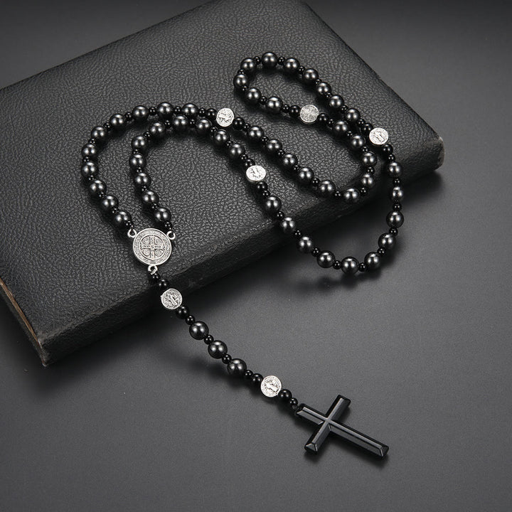 Christianartworkshop St. Benedikt-Medaille und Kreuz aus 8 mm rundem schwarzem Rosenkranz aus Nylonschnur mit mehreren Materialien - Gallenstein-Kreuz - image 1