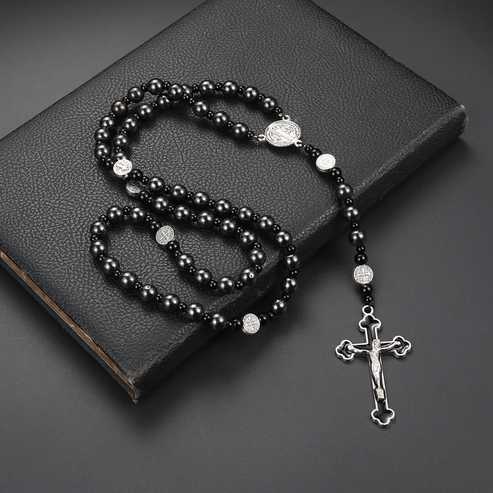 Christianartworkshop St. Benedikt-Medaille und Kreuz aus 8 mm rundem schwarzem Rosenkranz aus Nylonschnur mit mehreren Materialien - Gallenstein-Kruzifix - image 2