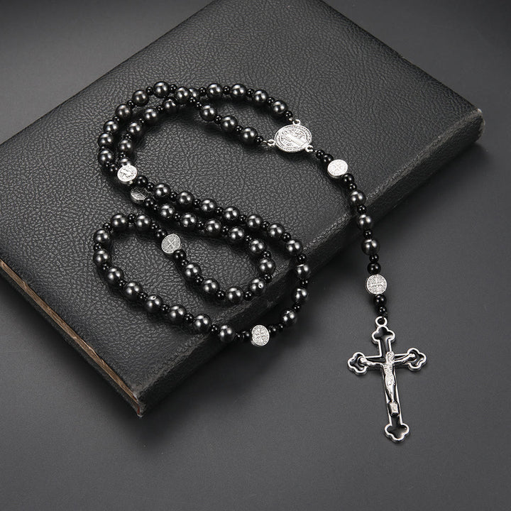 Christianartworkshop St. Benedikt-Medaille und Kreuz aus 8 mm rundem schwarzem Rosenkranz aus Nylonschnur mit mehreren Materialien - Gallenstein-Kruzifix - image 2