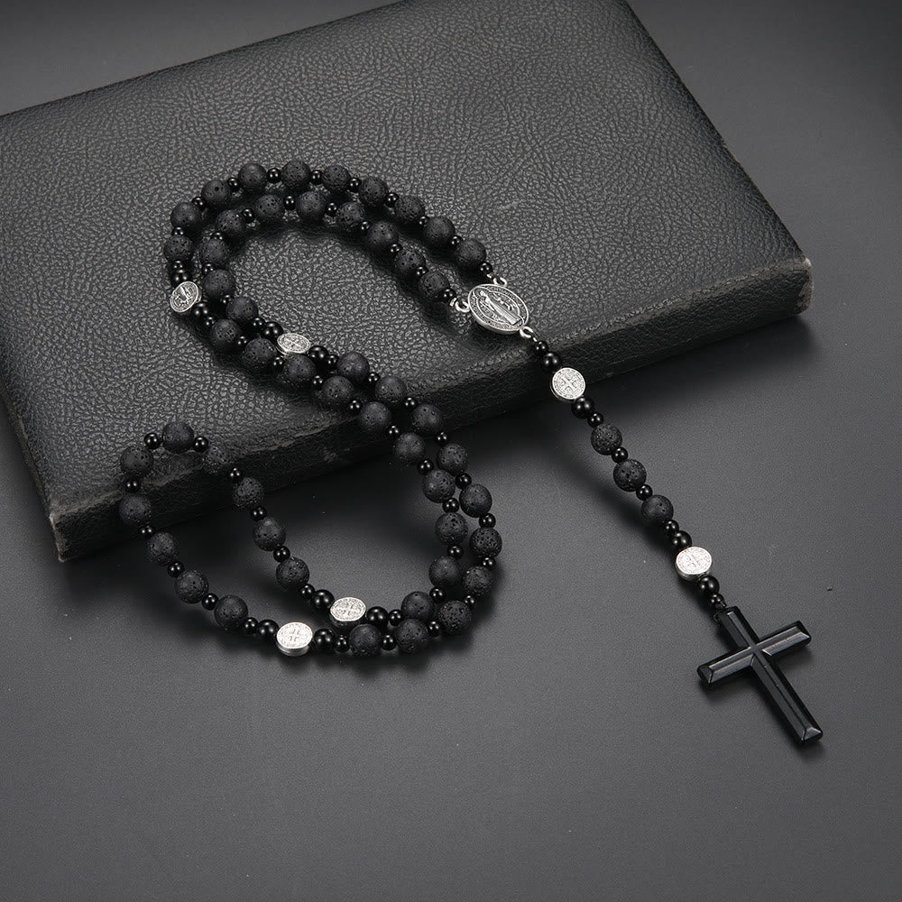 Christianartworkshop St. Benedikt-Medaille und Kreuz aus 8 mm rundem schwarzem Rosenkranz aus Nylonschnur mit mehreren Materialien - image 5