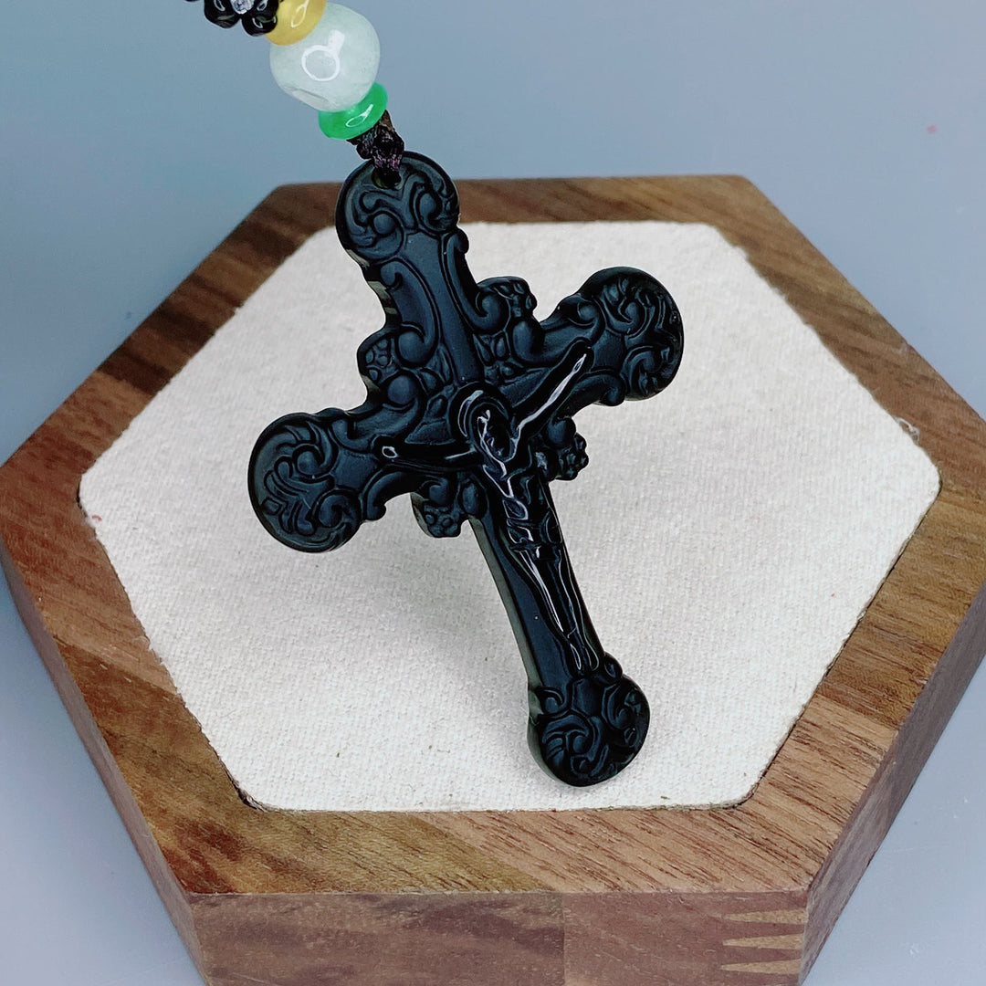 Christianartworkshop Halskette mit Obsidian-Kruzifix-Anhänger im klassischen Stil - image 2