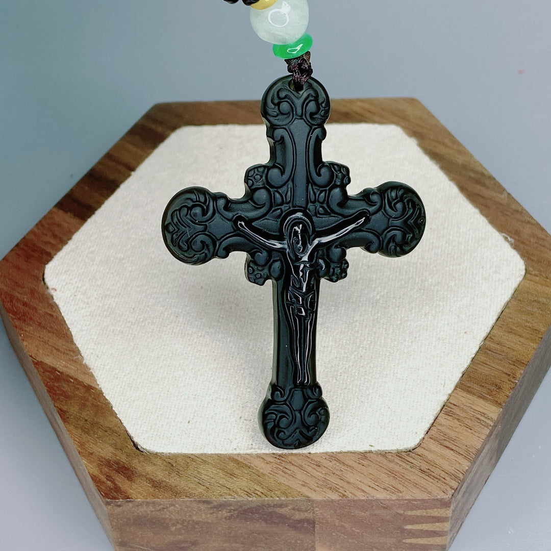 Christianartworkshop Halskette mit Obsidian-Kruzifix-Anhänger im klassischen Stil - Schwarz - image 1