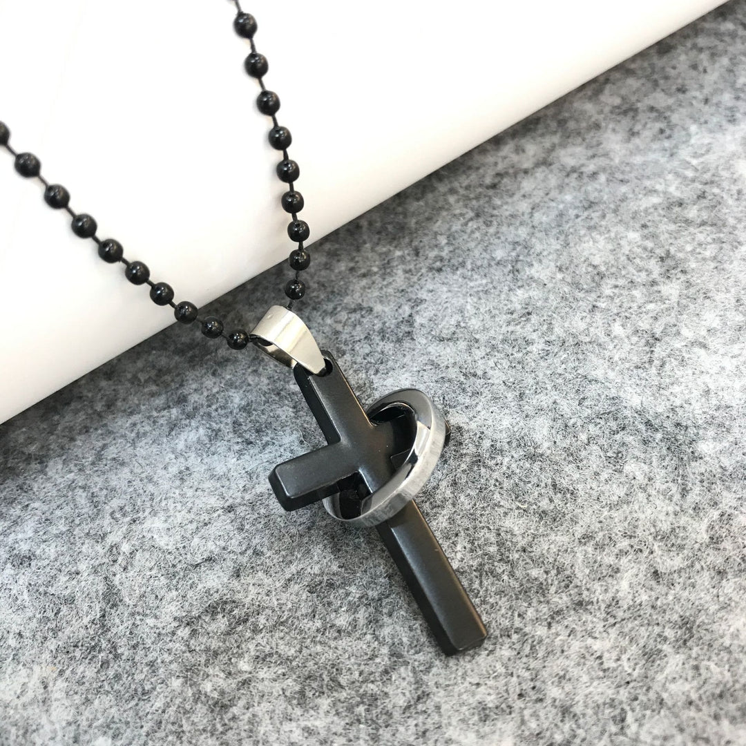 Christianartworkshop Halskette mit Kreuzring und schwarzem Anhänger aus Legierung im minimalistischen Stil - Schwarz - image 1