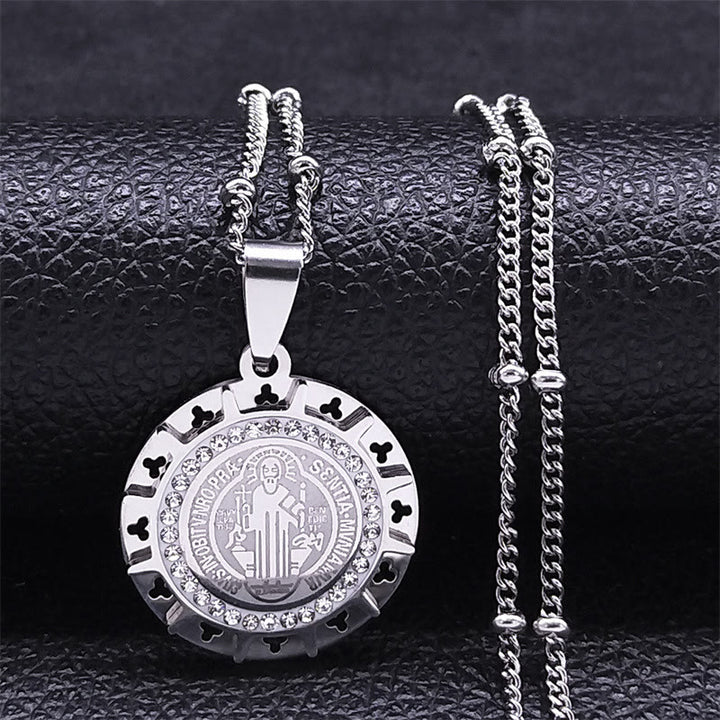 Christianartworkshop Halskette mit Anhänger im Retro-Stil mit Edelsteinbesatz der St. Benedikt-Medaille - Silber - image 0