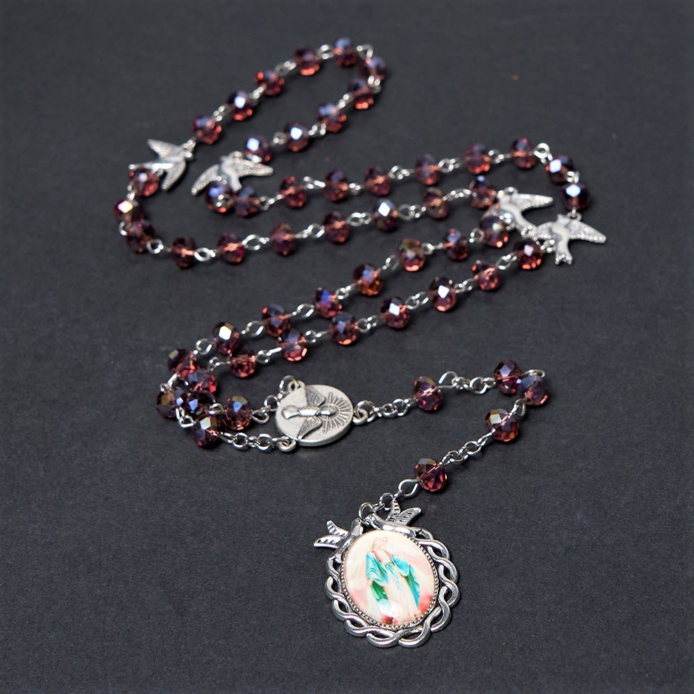 Christianartworkshop Rosenkranzkette Heiliger Geist und Unsere Liebe Frau der Gnade, 6 x 8 mm, Polyeder, violette Kristalllegierung - image 0