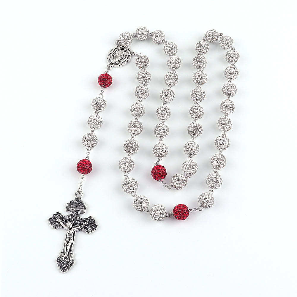 Christianartworkshop Wundertätige Medaille und Kruzifix aus 8 mm runden silbernen Metall-Edelsteinen, Legierungskette, Rosenkranz - Silber - image 1
