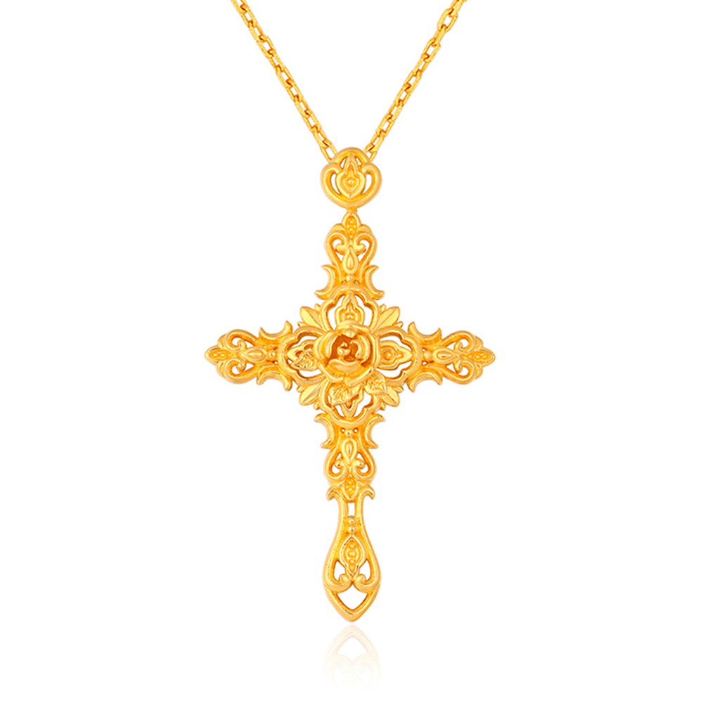Christianartworkshop Anhänger aus 999 reinem Gold im Retro-Stil mit Dornenrosenkreuz und antiker Handwerkskunst - 999 Gold Anhänger - image 1