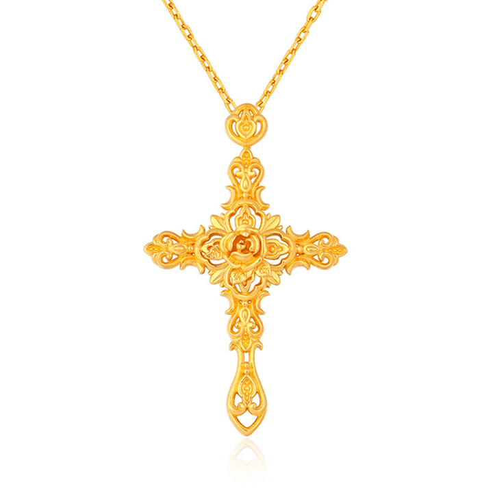 Christianartworkshop Anhänger aus 999 reinem Gold im Retro-Stil mit Dornenrosenkreuz und antiker Handwerkskunst - 999 Gold Anhänger - image 1