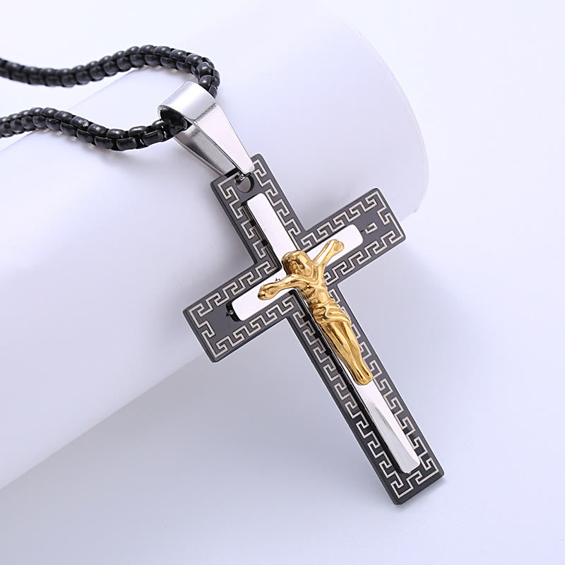 Christianartworkshop Halskette aus Titan im Retro-Stil mit dreilagigem Kruzifix-Anhänger - Schwarz - image 1