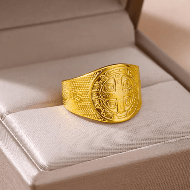 Christianartworkshop Klassischer Stil JESUS ​​St. Benedikt Symbol Titan verstellbarer Ring - image 7